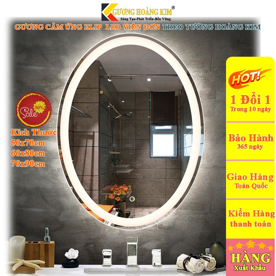 Gương đèn led treo tường oval elip bầu dục nhà tắm phòng wc trang trí makaup cảm ứng kt 70x90cm guonghoangkim HK2001