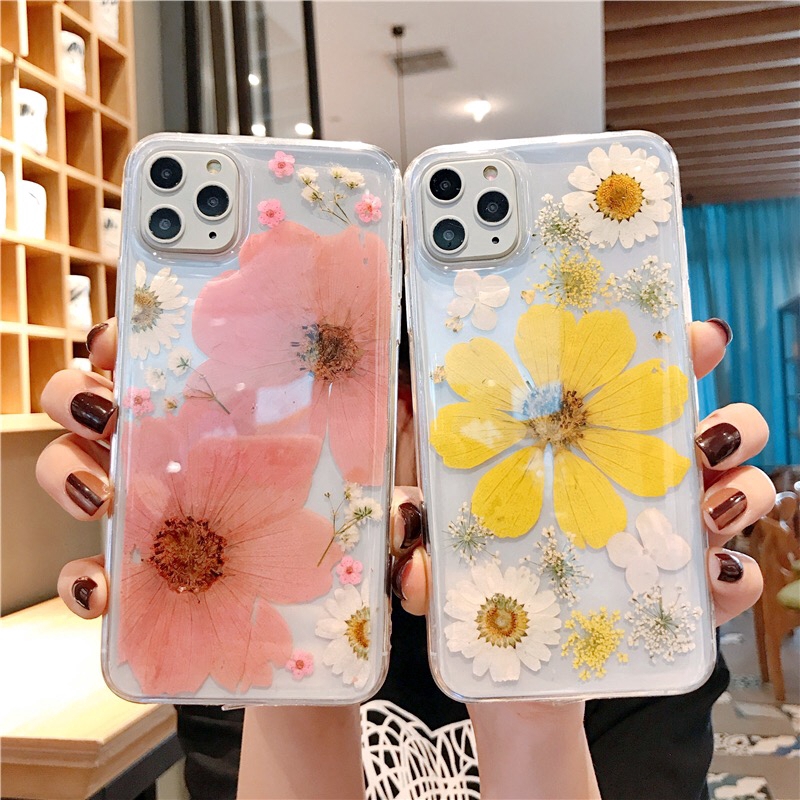 Ốp điện thoại TPU dẻo trong suốt epoxy ép hoa khô thật cho IPhone 12 Pro Max Mini 6 6S 7 8 Plus XS Max XR 11 Pro Max