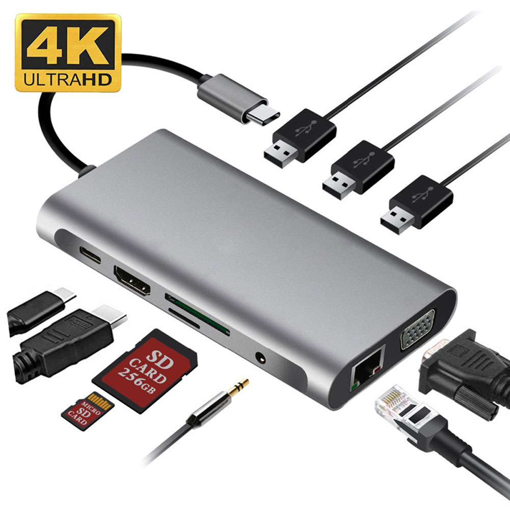 USB HUB 10 trong 1 Loại C sang HDMI Bộ chuyển đổi VGA 4K tương thích RJ45 Lan Ethernet SD TF 3,5 mm Jack Audio Video