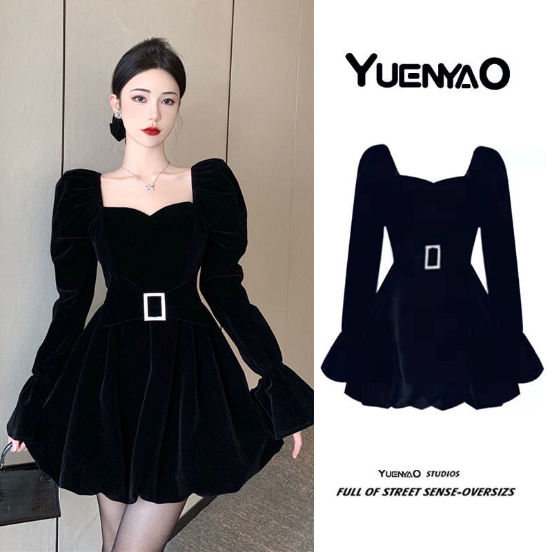 Đầm Nhung Đen Nhấn Eo Size Lớn Thời Trang Pháp Cho Nữ