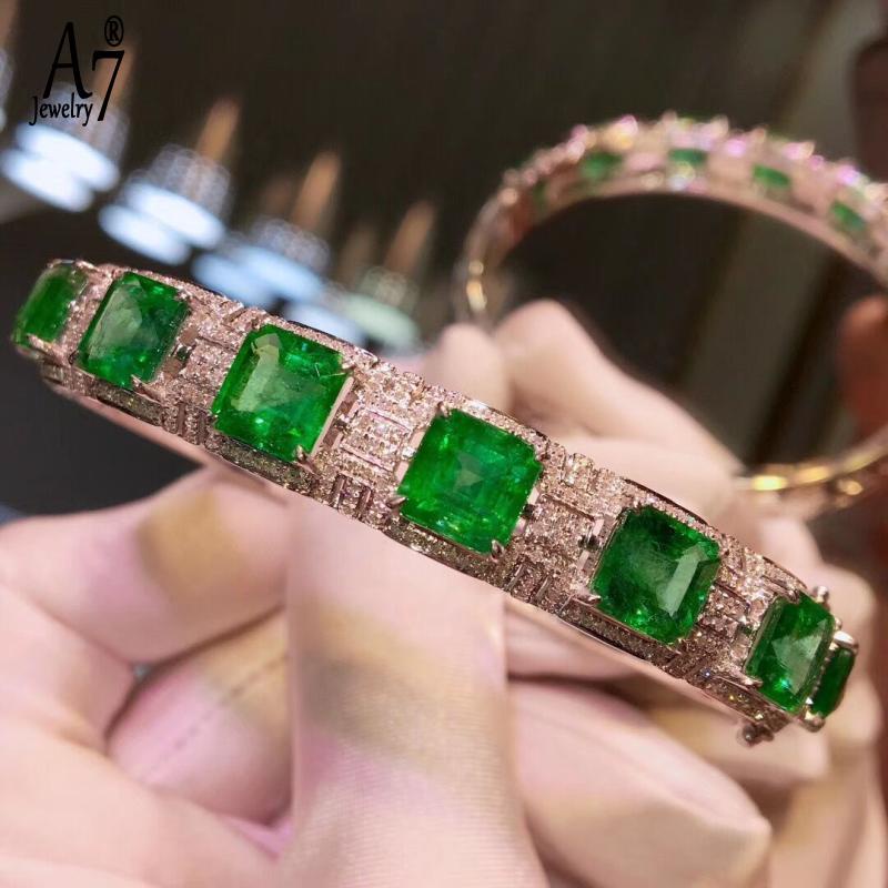 A7 | S925 bạc inlay màu xanh lá cây pha lê sang trọng vòng đeo tay