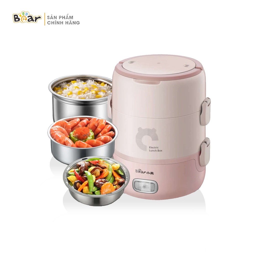 [Bear Chính Hãng]Hộp Cơm Cắm Điện Giữ Nhiệt Bear DFH-B20S6 màu hông nhạt, dung tích 2l, 3 khay Inox, bảo hành 18 Tháng.
