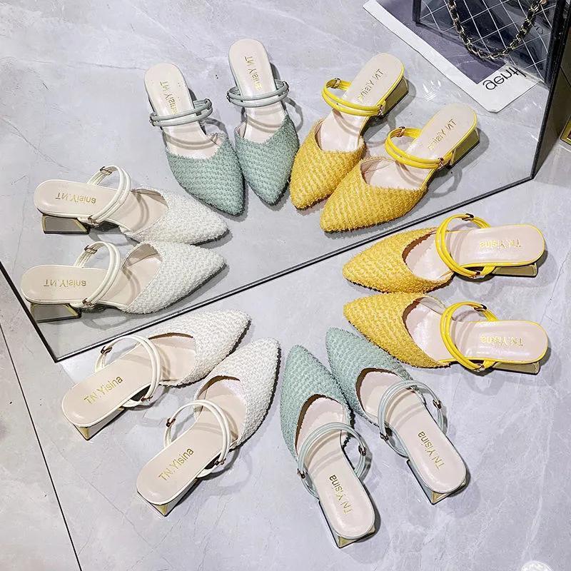 Giày sandal IELGY mũi nhọn đế thô màu xanh lá cây hai kiểu mang dễ phối đồ dành cho nữ
