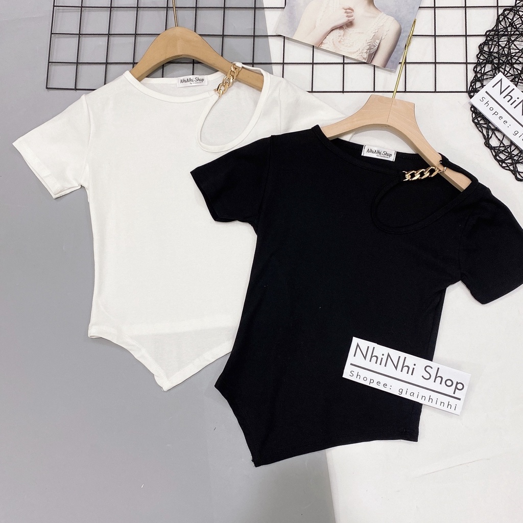 [Mã FAMARAL1 giảm 10K đơn 50K] Áo kiểu khoét vai dây xích, Áo thun dáng ôm ngắn tay co giãn AS5525 - NhiNhi Shop