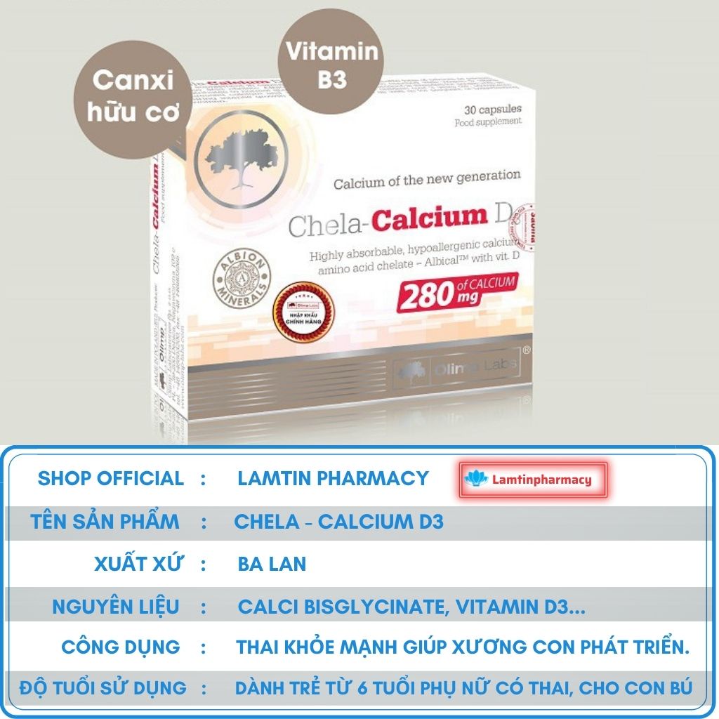 CANXI CHELA CALCIUM D3 -  bổ sung Canxi và Vitamin D3, không táo bón, dùng trước và sau sinh ( hộp 30 viên )