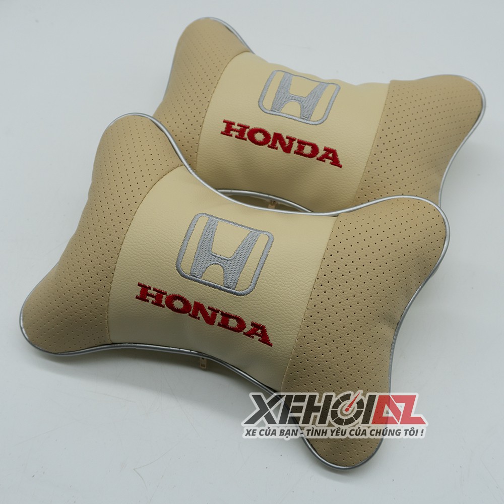 Bộ 02 Gối tựa đầu ô tô loại cao cấp thêu logo hãng xe H.O.N.D.A - Màu kem - ảnh thật