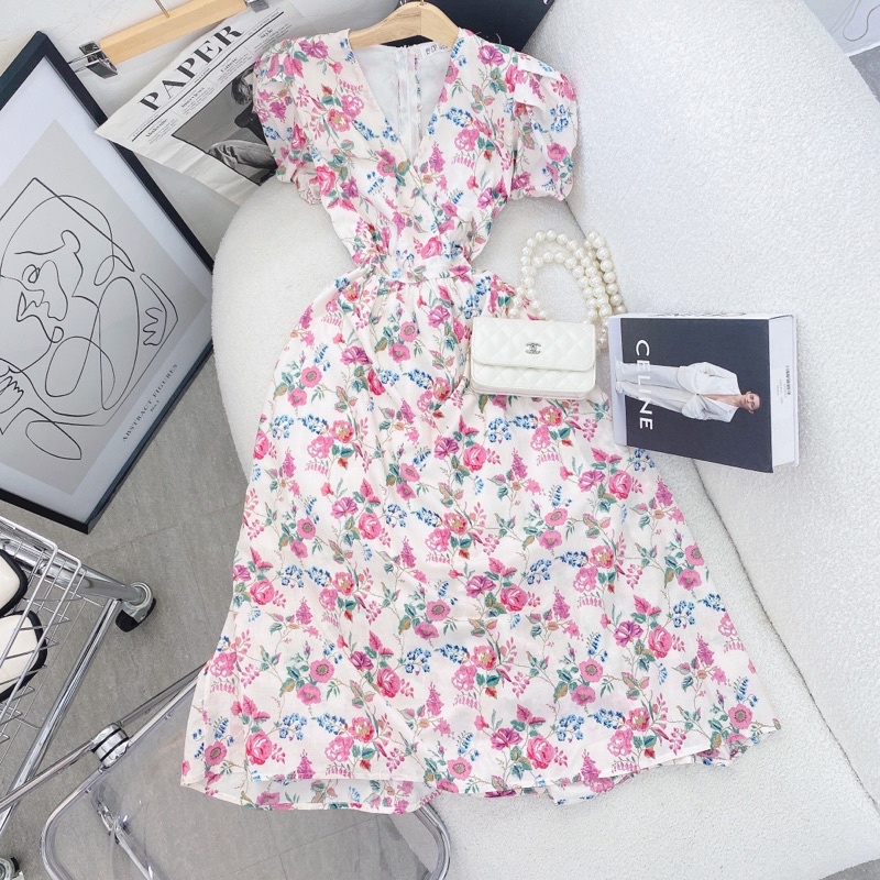 ĐẦM MIDI HOA CHÉO NGỰC TAY BỒNG