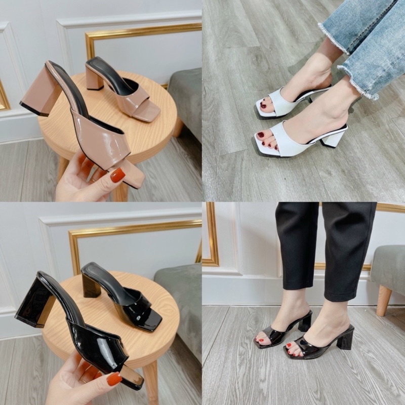 Dép guốc 7P Gót trụ Mũi vuông Da bóng Êm Cao Cấp