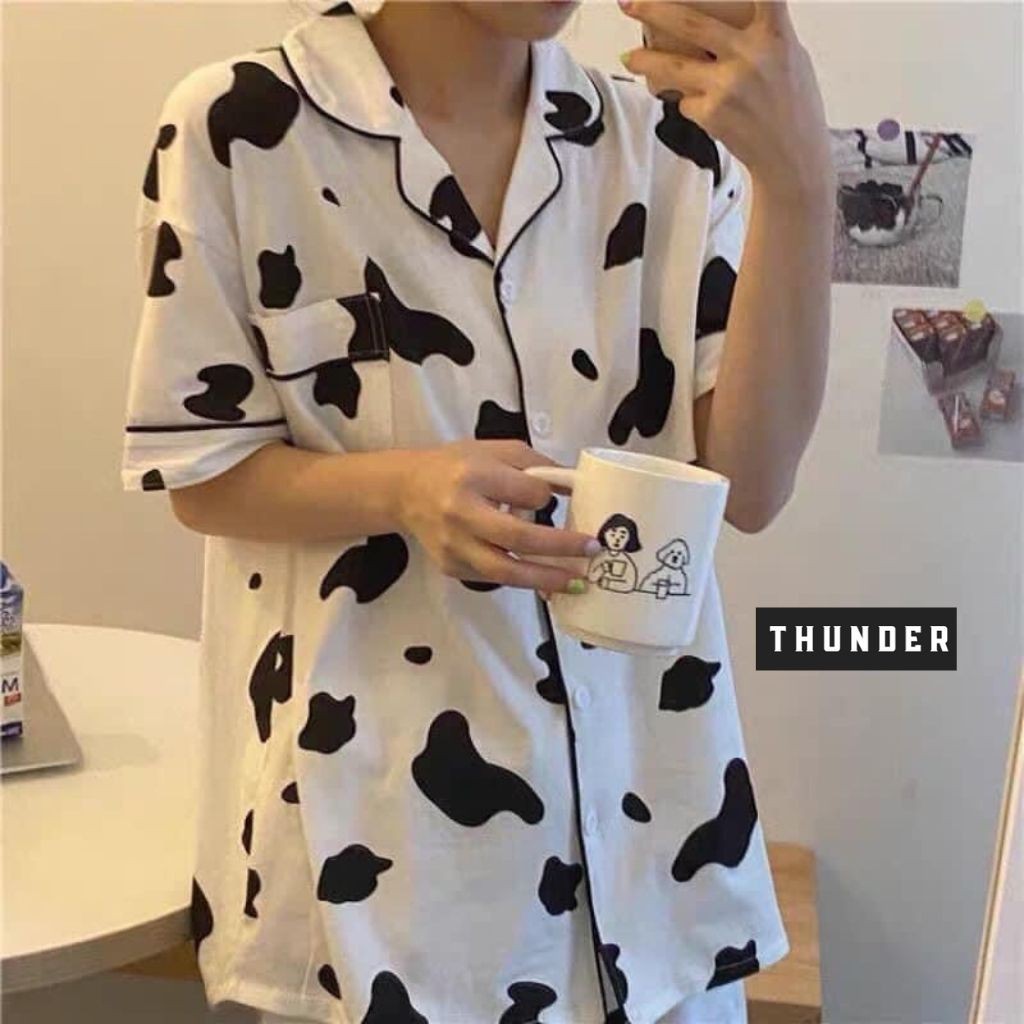 Đồ ngủ nữ cotton thun cộc tay Thunder Unisex đồ bộ nữ cộc tay bộ mặc nhà dễ thương họa tiết bò sữa cực xinh