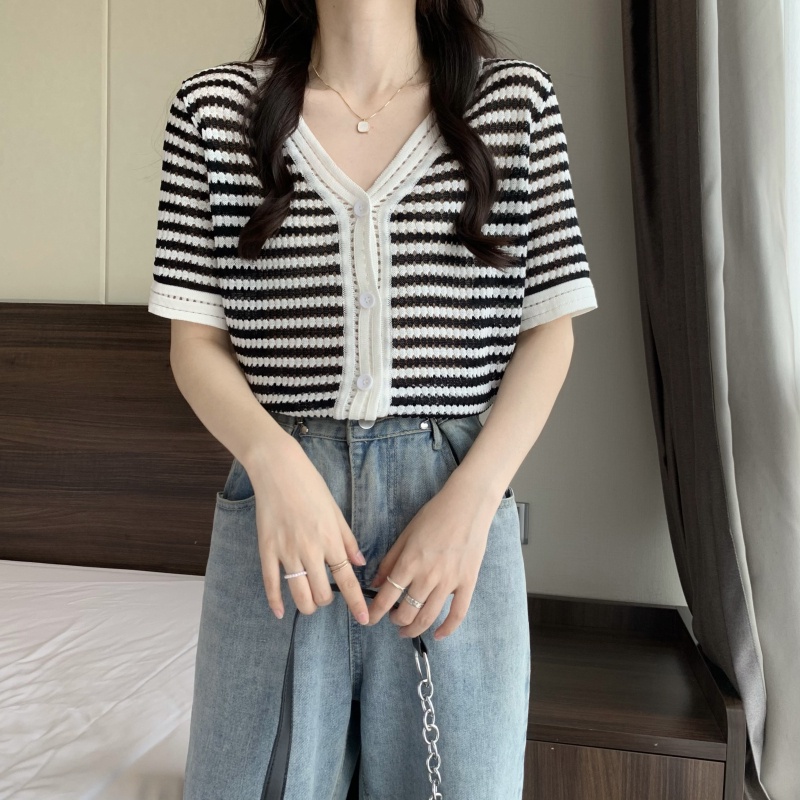 Áo thun ZHELIHANGFEI tay ngắn cổ chữ V họa tiết kẻ sọc thời trang cho nữ