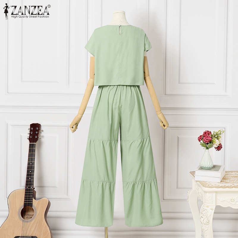 Set đồ 2 món ZANZEA gồm áo thun tay ngắn cổ tròn dáng rộng + quần lưng thun ống rộng cho nữ