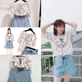 Set bộ áo trễ vai hoa kem quần xanh pastel