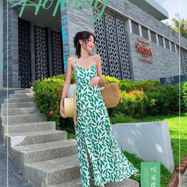 [ HOT 2021 ] (Ảnh thật) Váy đầm maxi xanh hoạ tiết lá hở lưng xẻ tà cổ V 2 dây dáng dài siêu đẹp mang đi biển, du lịch O