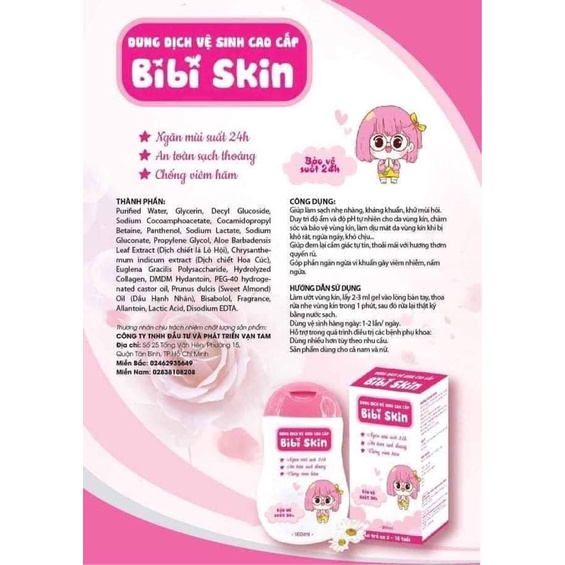 Bibi Skin Dung Dịch Vệ Sinh Bé Gái Sạch Sẽ An Toàn Kháng Khuẩn Cho Bé 2 -15 Tuổi Chai 180ml