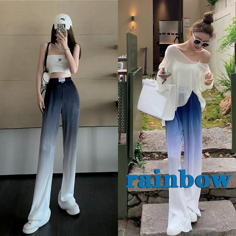 Quần Ống Rộng Palazzo Lưng Cao Xếp Ly Màu Cầu Vồng Thời Trang Cho Nữ