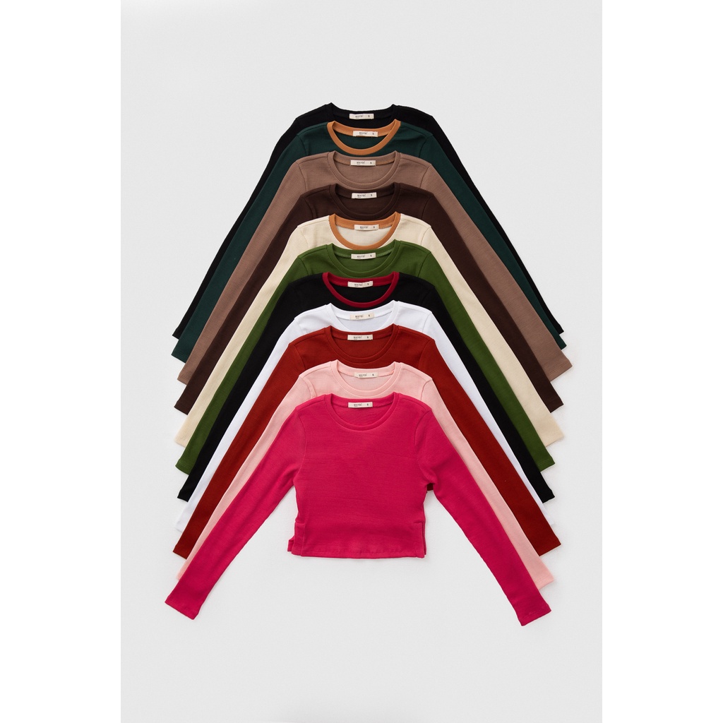 Áo croptop Maybi ôm thun gân cổ tròn tay dài