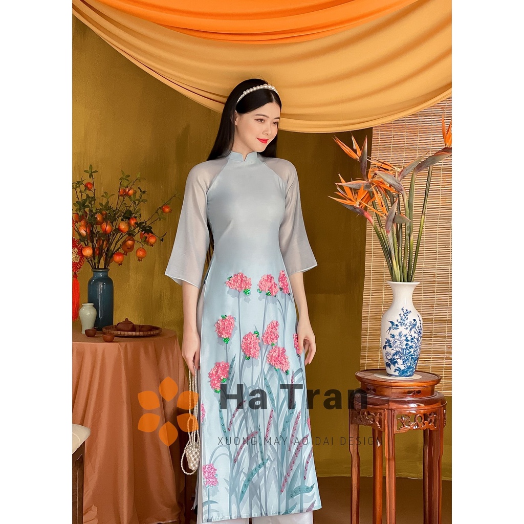 Áo dài cách tân tơ đính kết hoa cẩm tú cầu màu xanh ngọc đẹp lạ chụp ảnh đi chơi tết hiện đại lịch sự