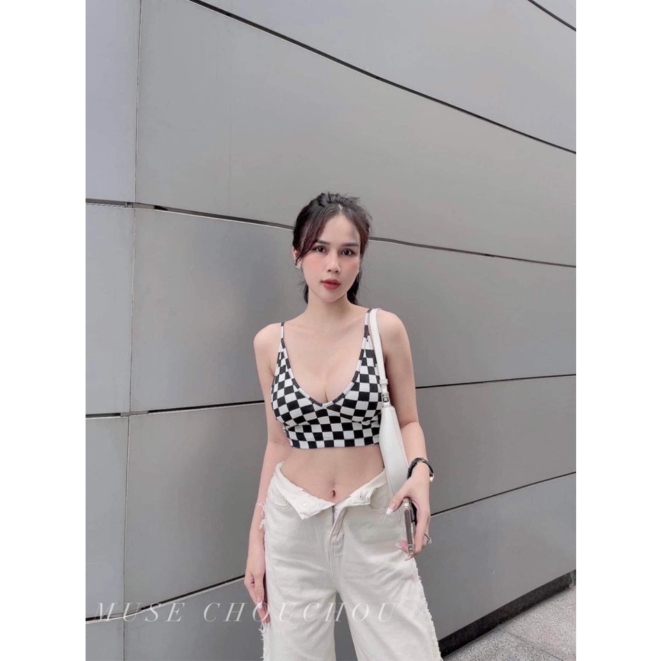 Áo 2 dây caro form croptop xẻ cổ tim màu hot năm 2022 alohashop91