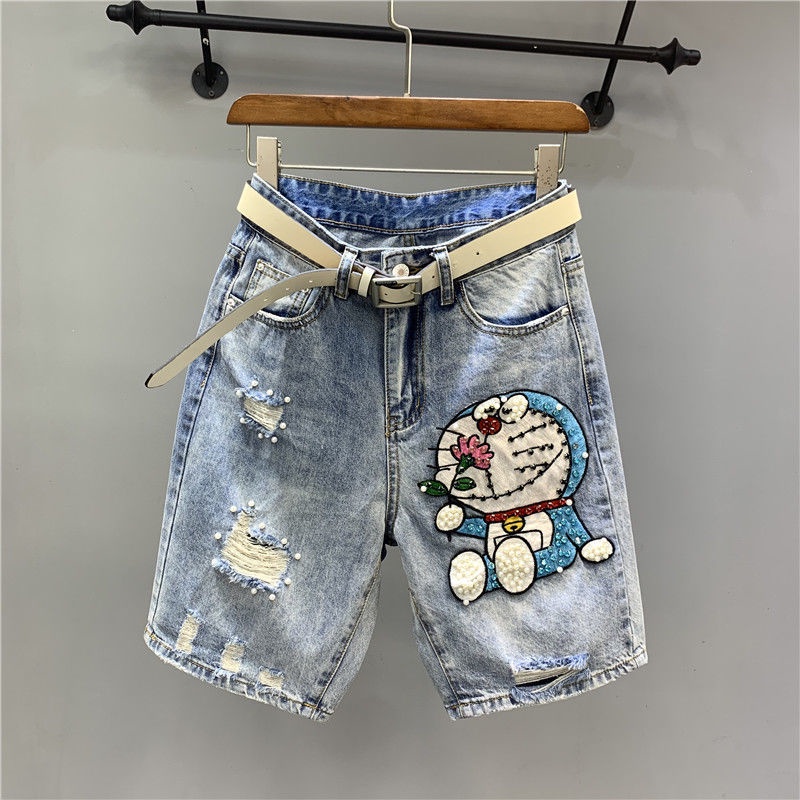 Quần Short Jean Rách Họa Tiết Mèo Hoạt Hình Phong Cách Châu Âu Cho Nữ