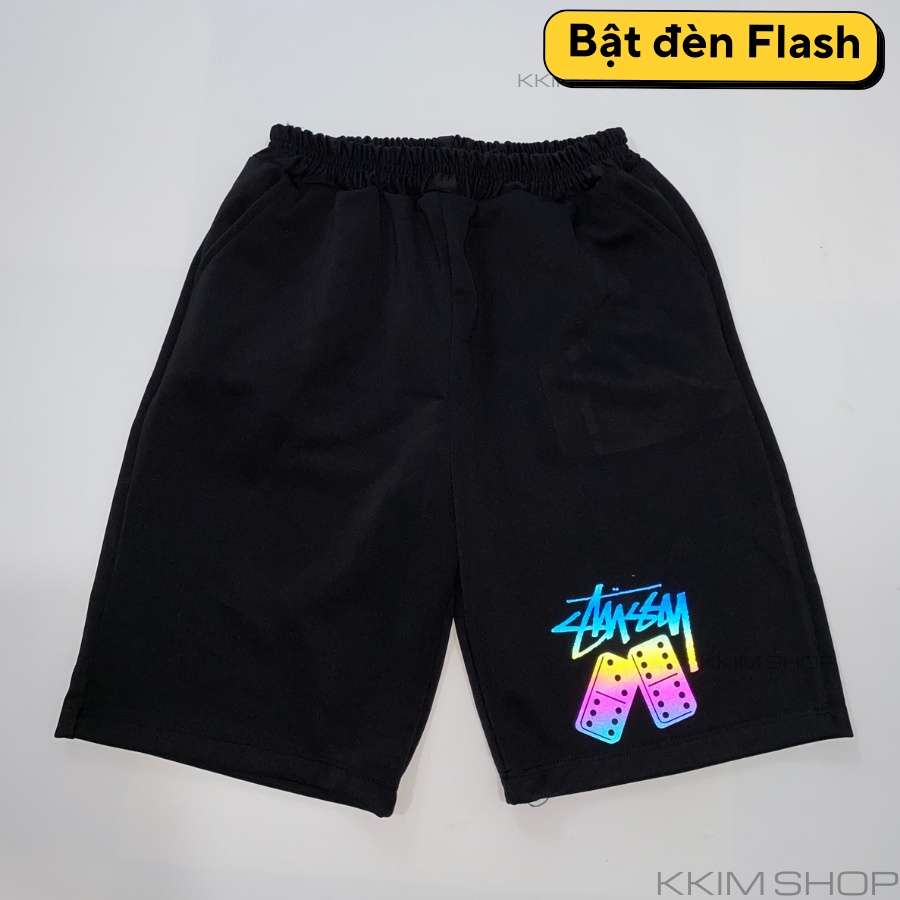 QUẦN Short Stussy Nam Nữ Nam Nữ, Quần đùi  form rộng unisex, lửng cộc ngắn đen chất vải Poly 2 DA, in phản quang đa sắc