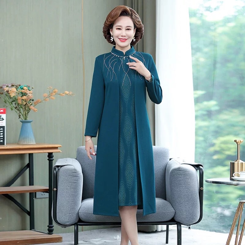 Đầm len trung niên nữ cao cấp, đính hạt sang trọng, kiểu dáng thanh lịch, trang nhã NV0947