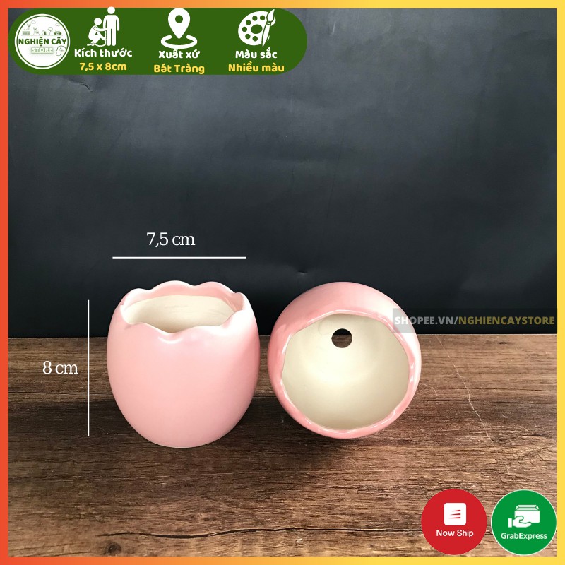 Chậu gốm sứ hình trứng trồng cây cảnh mini, sen đá, sương rồng hàng Bát Tràng men đẹp (7x9cm)