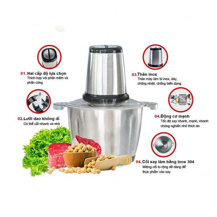 [SALE20%] Máy Xay Thịt💖Máy xay sinh tố cầm tay Cối Inox 4 Lưỡi Đa Năng,Công suất 300W xay thịt, tỏi ớt, rau củ quả BH 6T