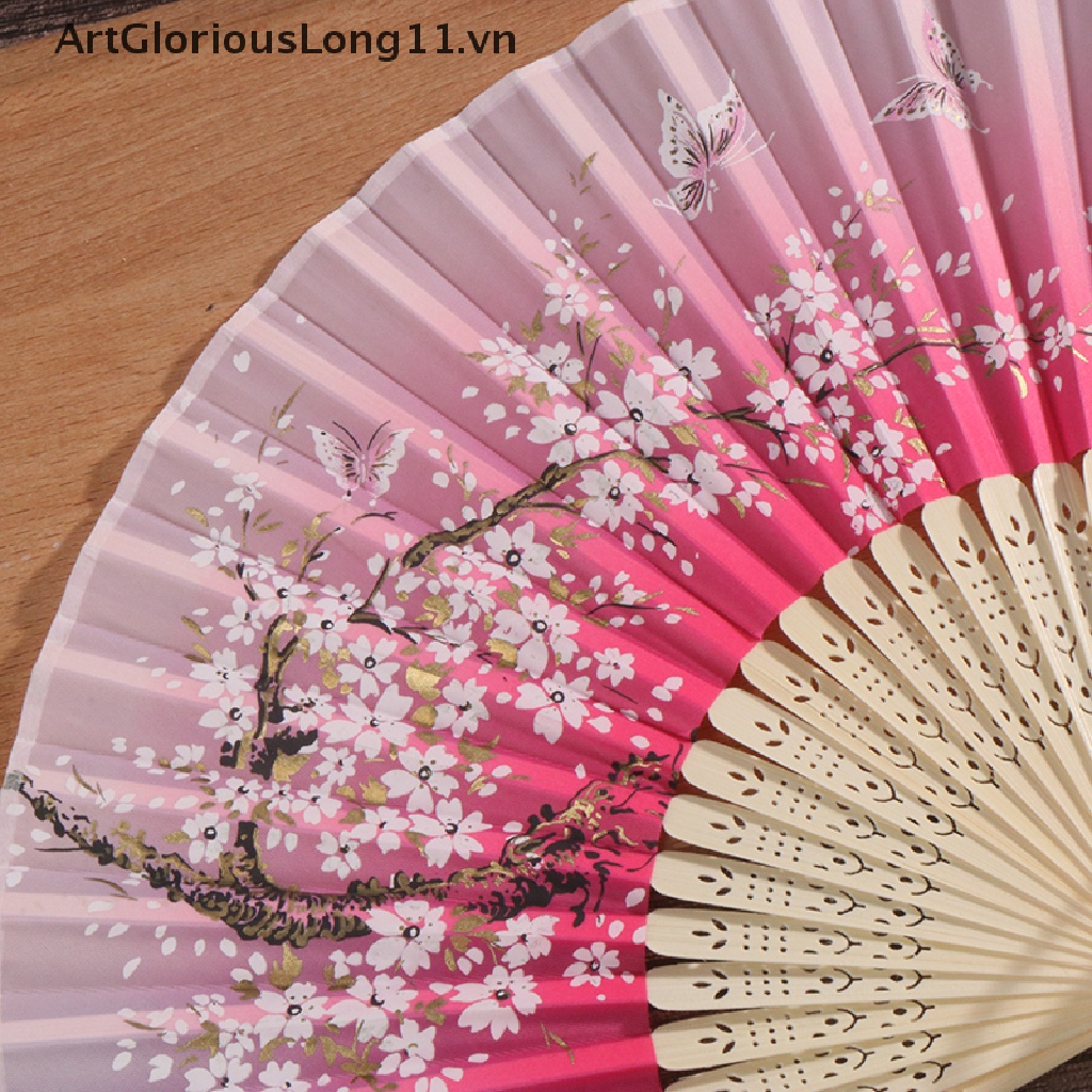 Quạt Xếp Cầm Tay Bằng Tre Lụa Họa Tiết Hoa Phong Cách Trung Quốc Cổ Điển