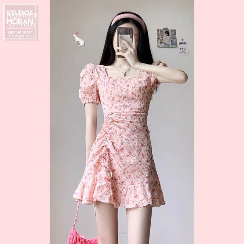 Váy đầm hoa MORAN hoạ tiết màu hồng phong cách thời trang mùa hè cho nữ