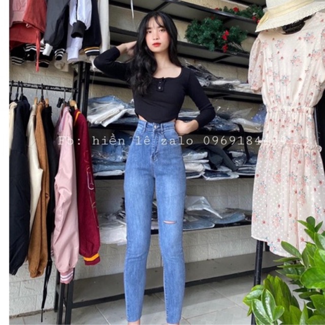 Set Jeans dài co giãn rách 1line + Áo cổ vuông tay dài gài nút