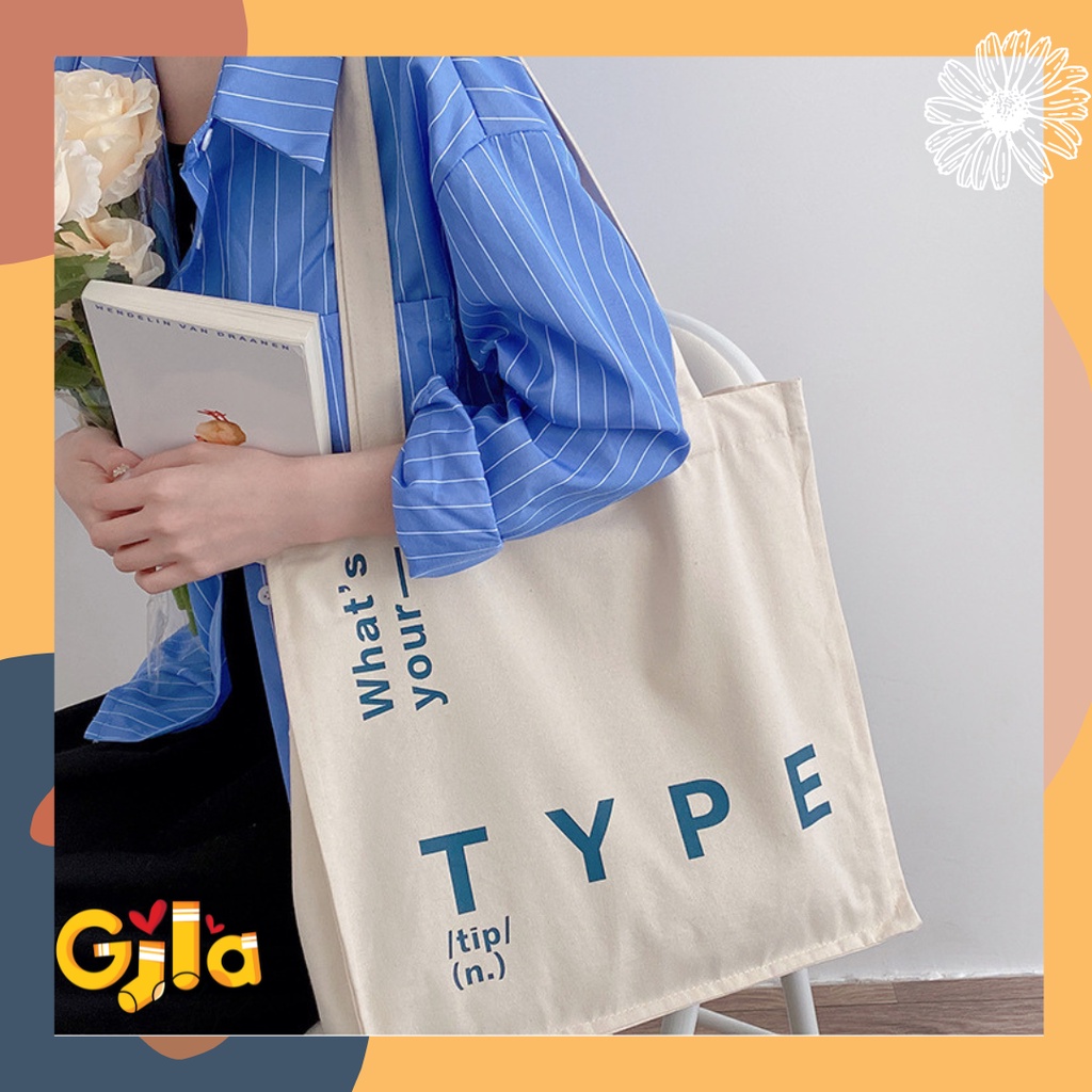Túi tote canvas "TYPE" thời trang Hàn Quốc form vuông kiểu dáng vintage