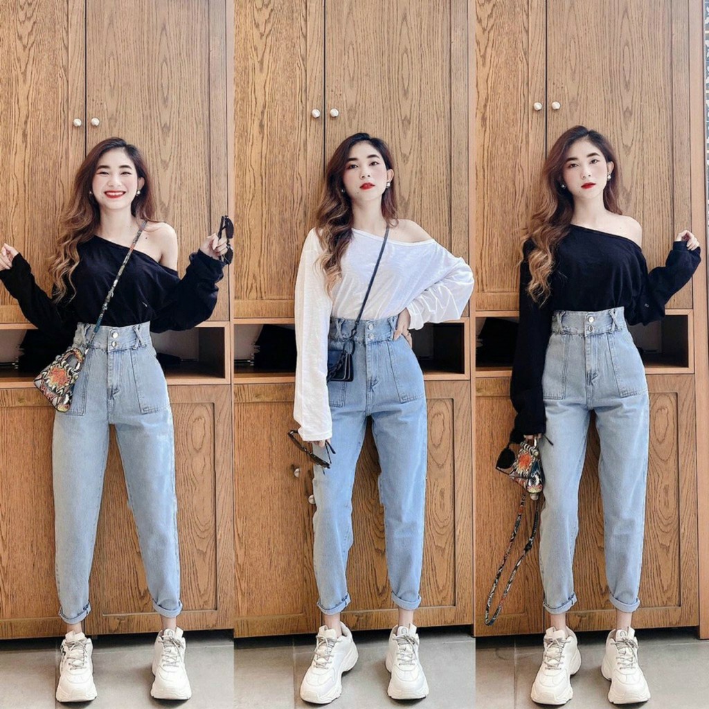 Quần Baggy Jean Nữ Lưng Cao Túi Vuông 2 Nút Cực Cute Xanh Đậm Và Nhạt - 403