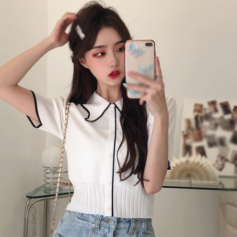 Áo Cardigan Dệt Kim Tay Ngắn Cổ Bẻ Dáng Ôm Thời Trang Cho Nữ
