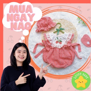 Sét body cho bé gái, body sơ sinh bé gái caro đỏ thêu dâu tặng kèm nón 3-12kg,