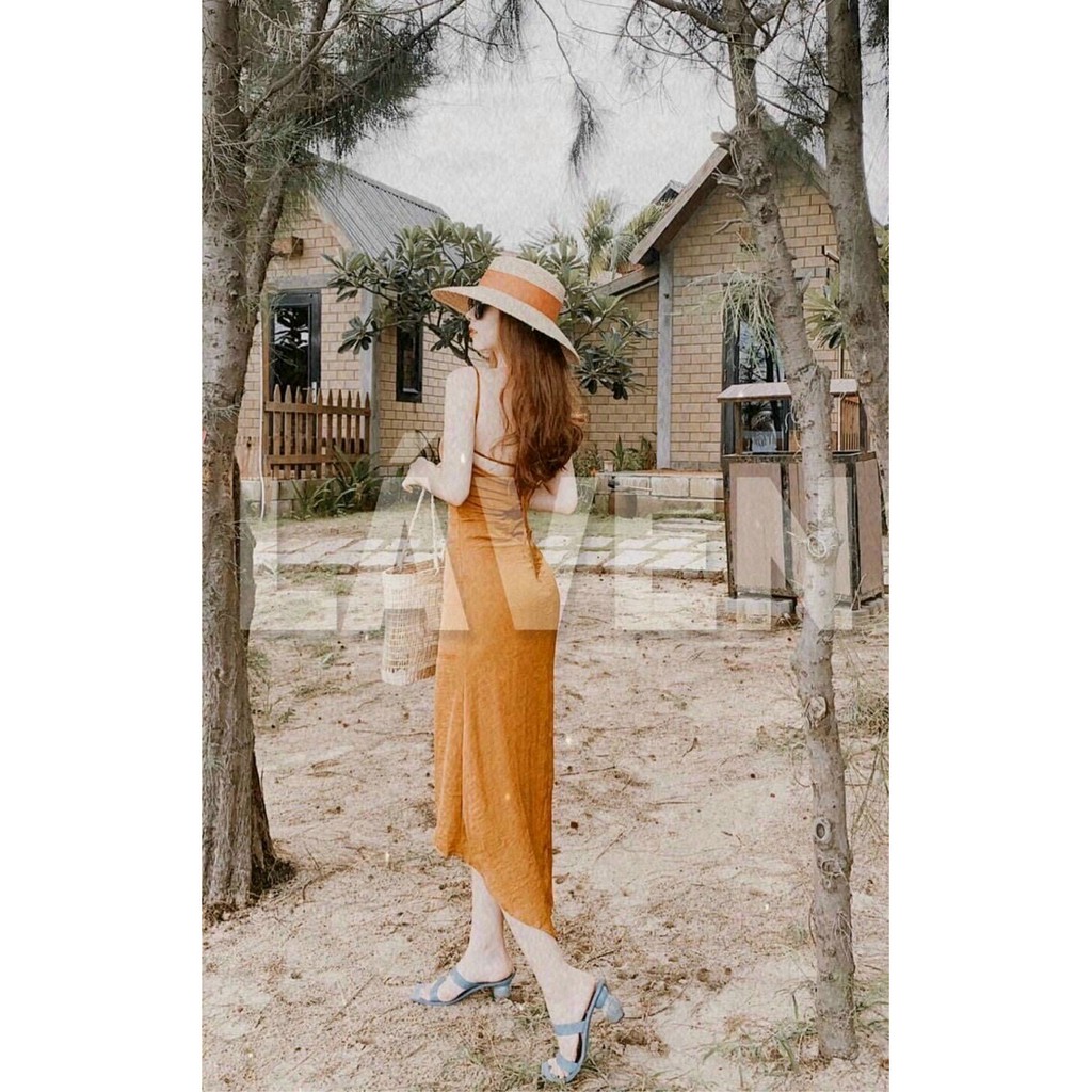 Đầm maxi 2 dây sẻ tà rút dây co mút ngực sexy sang chảnh