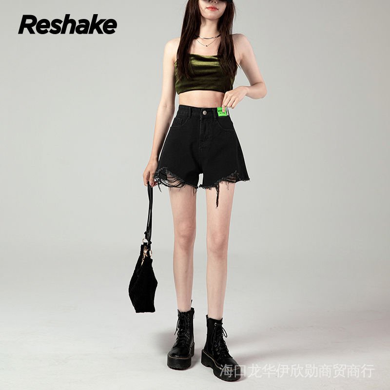 Quần Short Denim Lưng Thun Cao Phối Dây Rút Màu Đen Phong Cách Hàn Quốc Thời Trang Mùa Hè Cho Nam Và Nữ 2022 Quần Đùi Lưng Cao Thời Trang Cho Nữ