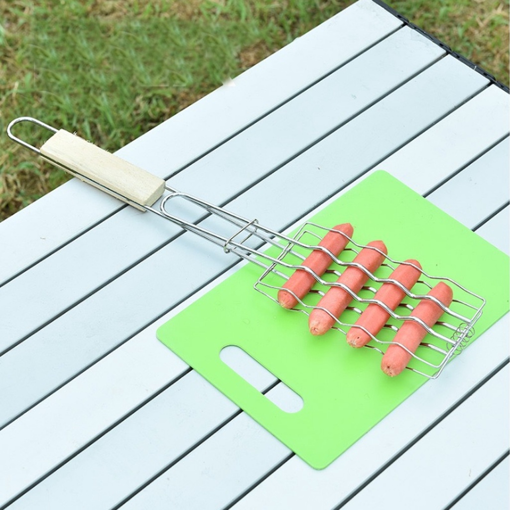 Vỉ Kẹp Thịt Nướng Inox, vỉ kẹp nướng xúc xích - Tay Cầm Gỗ Tiện Lợi