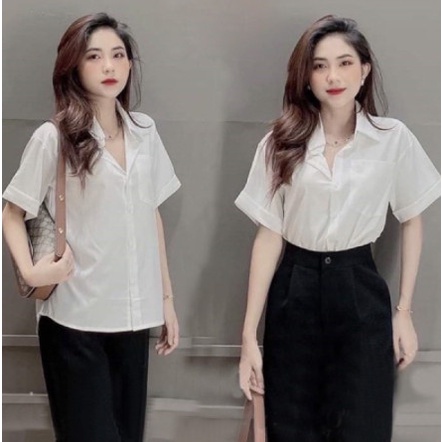 Áo sơ mi nữ,áo sơ mi cộc tay xắn cổ bẻ có túi cá mặc đi học đi làm