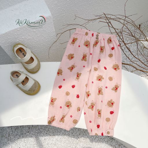 Quần bom xô muslin họa tiết cho bé, quần bom trẻ em bo chun 1QU128 Kakummi