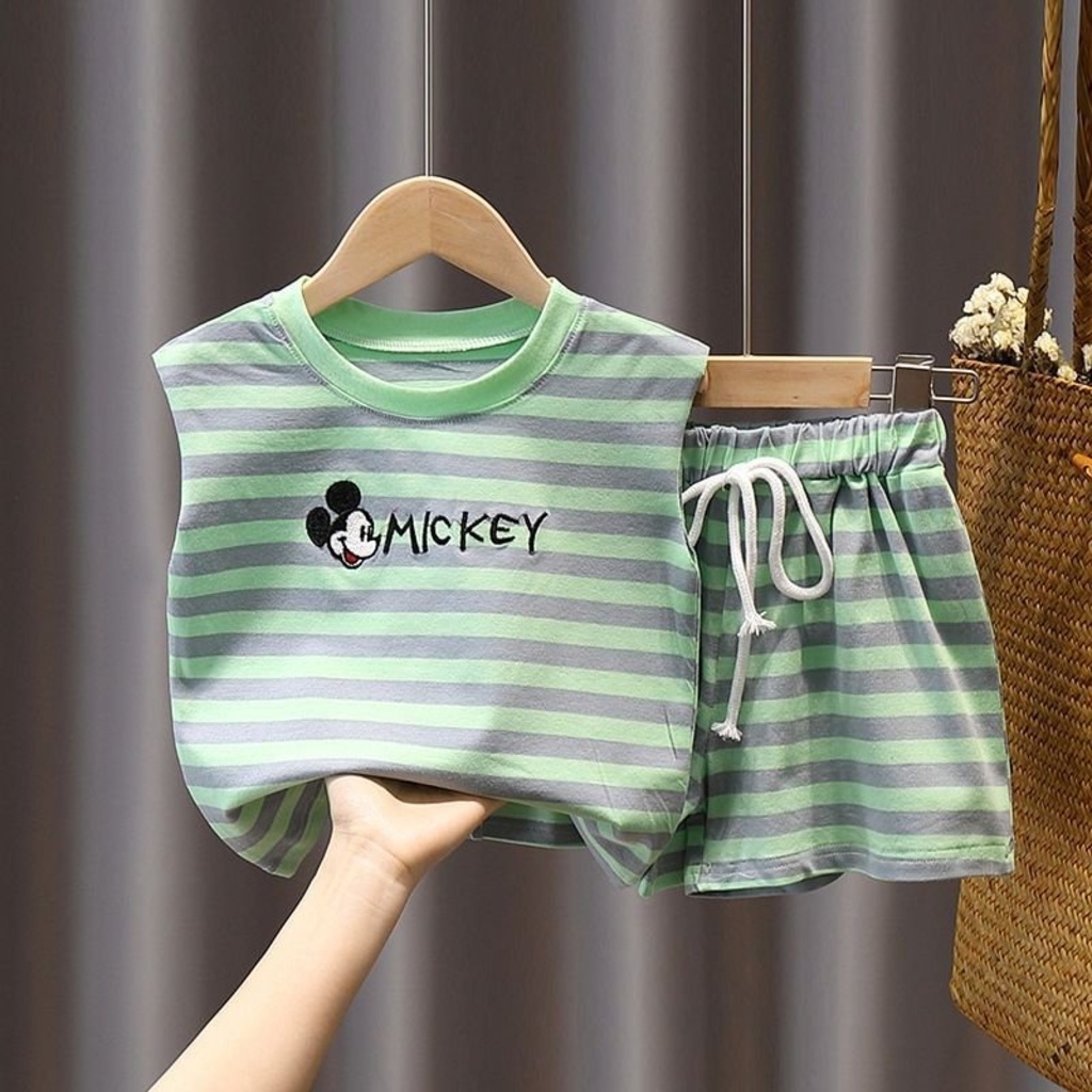 Bộ sát nách cho bé binbon kids, bộ ba lỗ cho bé trai bé gái chất thun cotton kẻ ngang Mickey cho bé từ 7-25kg