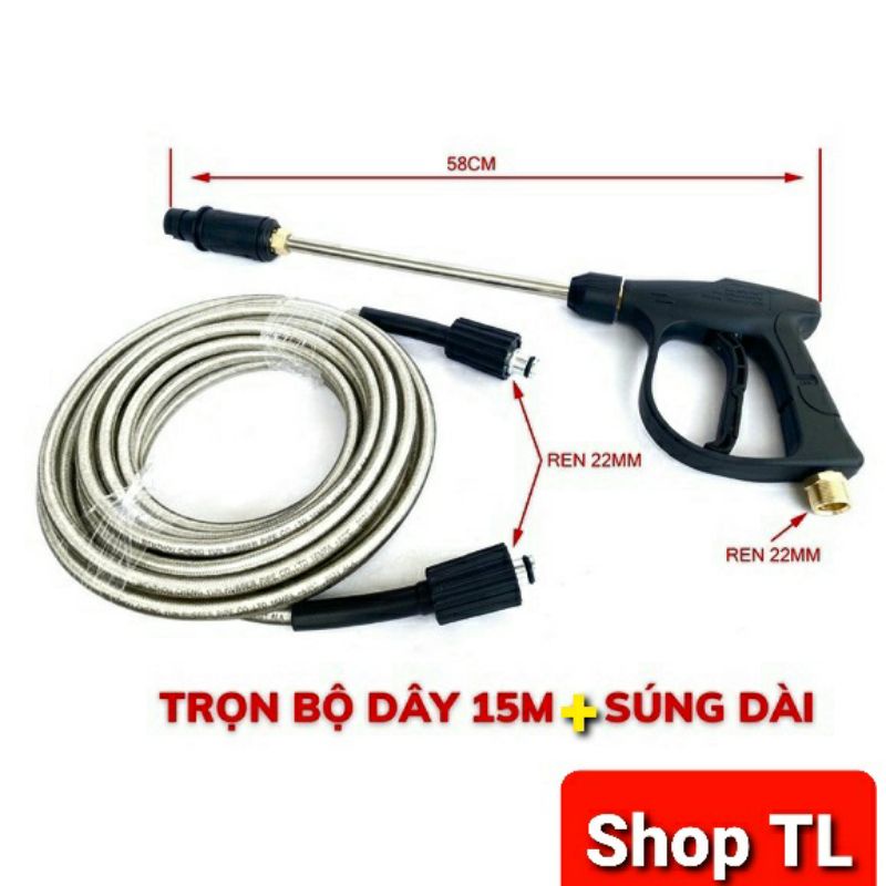 Bộ dây rửa xe 10, 15, 20, 30m Và súng xịt rửa xe áp lực cao (Kèm ống nối inox dài 36cm)