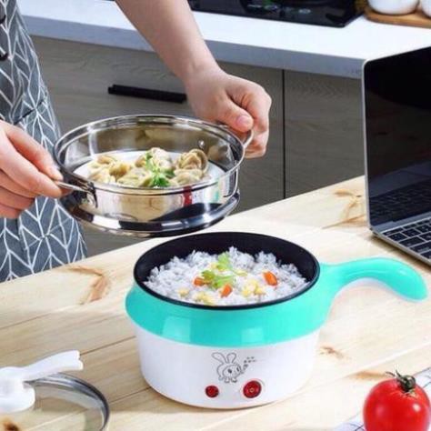 Nồi Điện Mini Hai Tầng Đa Năng Tặng Kèm Khay Hấp có thể Chiên, Xào, Nấu ăn, nấu cơm, nấu lẩu mini
