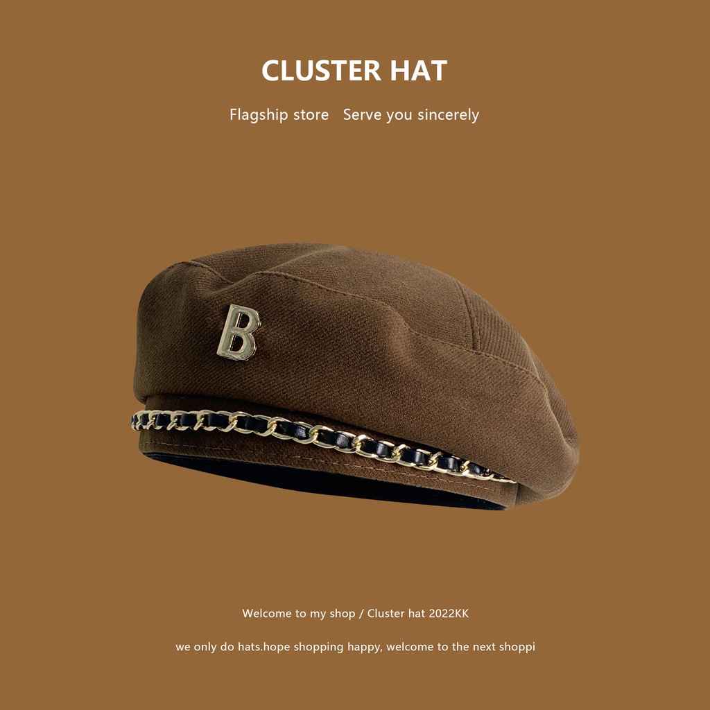Mũ Beret Len Phối Dây Xích In Chữ B Kiểu Hàn Quốc Thời Trang Xuân Thu Dễ Phối Đồ