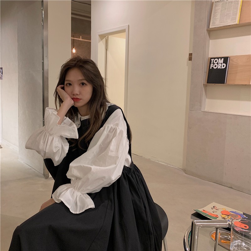 Set váy yếm phối áo sơm mi cổ bèo ulzzang lolita cực xinh phong cách Nhật Bản mùa thu hè ảnh thật cuối