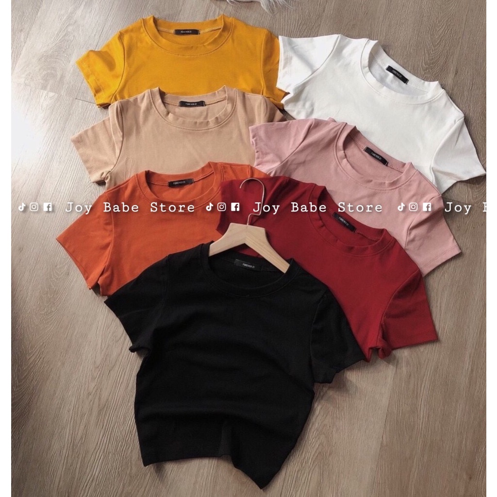 Áo croptop cổ tròn JOY BABE 🌸🖤 lên form sang đẹp, thun Forever 21 co giãn 4 chiều êm trắng đen nude neon trơn CRON 1 -4D