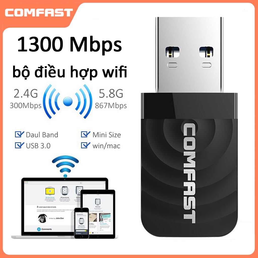 COMFAST Thẻ Mạng Không Dây Usb 3.0 Lan Ethernet 5Ghz 1300Mbps Băng Tần Kép Cho PC laptop CF-812AC