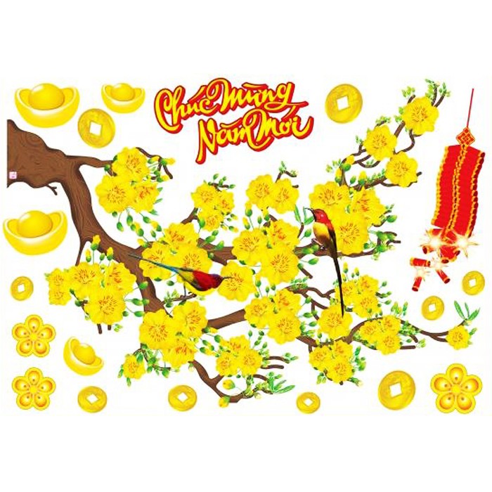 Decal 3D (sticker) dán kính Việt Nam trang trí Tết (mẫu Hoa Mai 07)