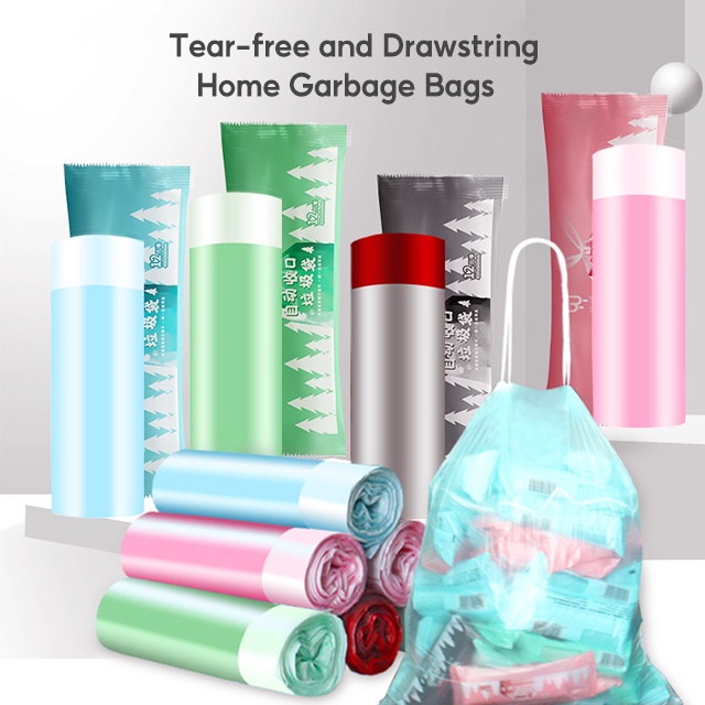 Cuộn 12/15 túi rác tự hủy sinh học có quai xách tiện dụng chắc chắn thiết kế dây rút thông minh