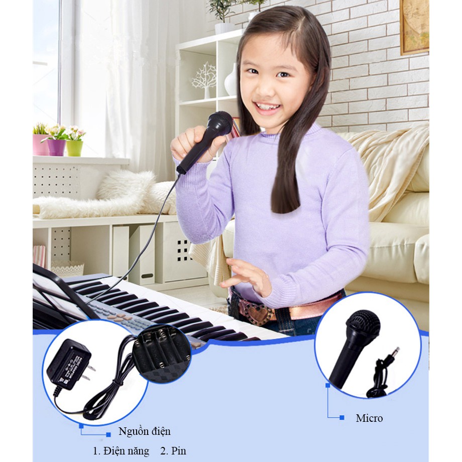 Đàn organ kèm mic - Đàn piano điện tử 61 Phím kèm phụ kiện giá đỡ nhạc, mic, sạc điện cho bé - A48