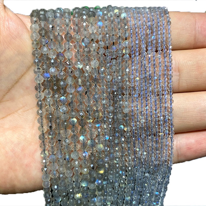 Fine 100% Đá Tự Nhiên Màu Xám Labradorite Mặt Đá Quý Tròn Miếng Đệm Hạt Trang Sức Làm Vòng Tay DIY Vòng Cổ 2 / 3 / 4MM